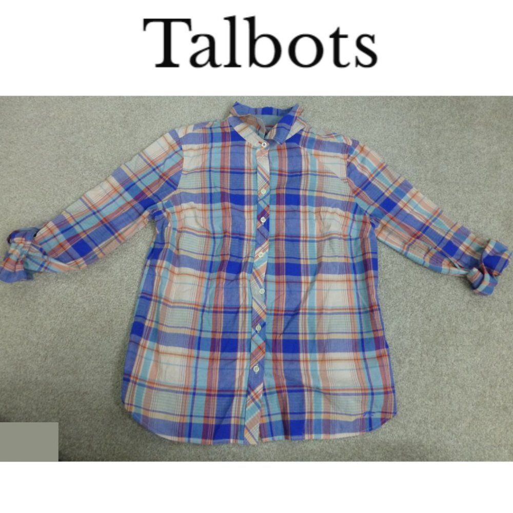 Talbots Petites Size 12p Blue and Pink Long Sleeve Button Up Shirt